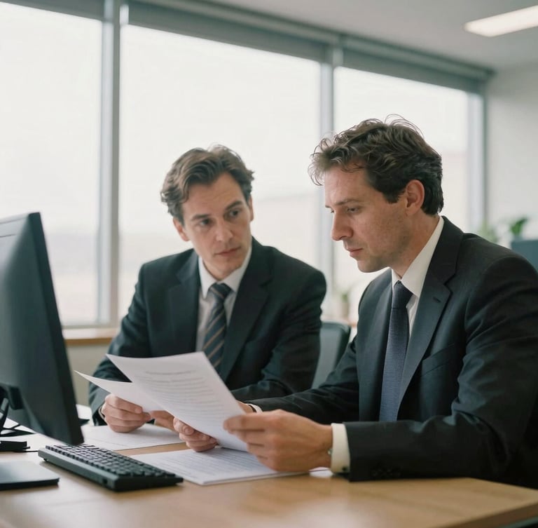 Candid medium-close shot of two operations directors reviewing documents in a modern office with natural window light, 35mm film aesthetic