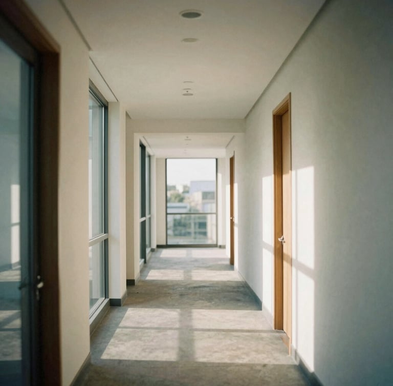 A modern, sunlit architectural office corridor with clean lines and soft shadows, professional atmosphere, 35mm film aesthetic