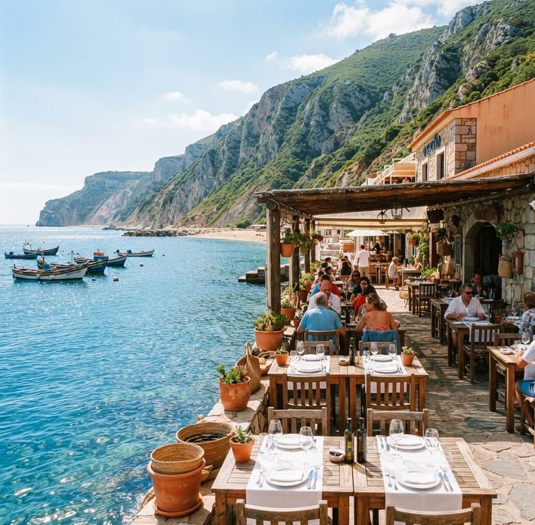 Wide panoramic view of Restaurante O Galeão's waterfront terrace at Portinho da Arrábida, with tables set, dramatic cliffs in the background, and crystal-clear blue waters reflecting bright coastal daylight. A few traditional fishing boats are visible in the distance, evoking local maritime heritage.