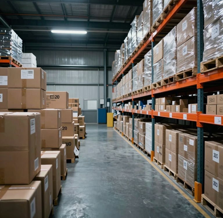 Wide-angle industrial photography of a modern warehouse floor, contrasting a chaotic pile of boxes on the left with an organized, labeled section on the right, under cool crisp lighting, deep slate and safety orange tones, sharp focus, 35mm