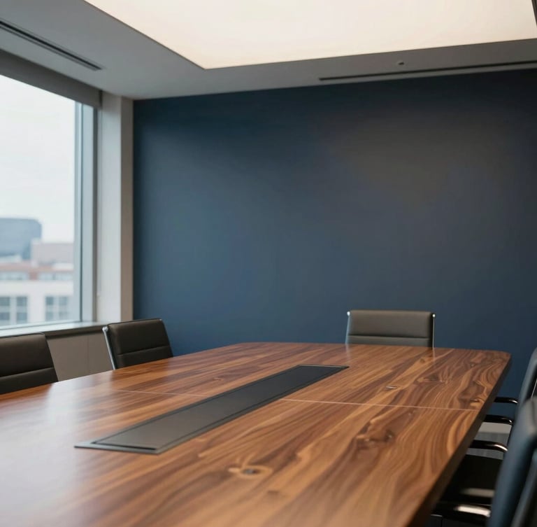 A sharp architectural crop of a modern Canadian corporate boardroom, soft overcast daylight, muted navy and warm cream tones, focus on a polished mahogany table and clean lines.