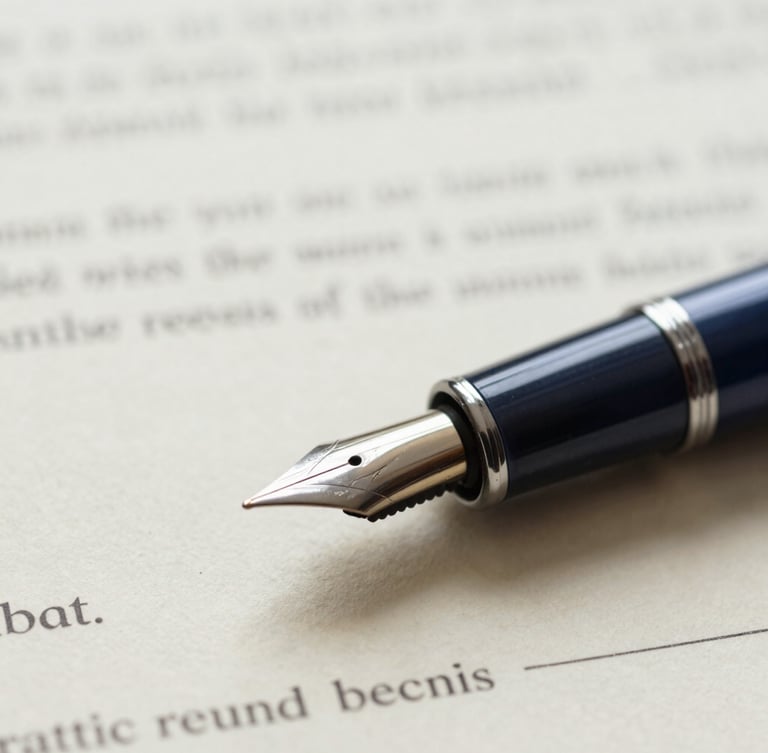 Macro close-up of a fountain pen resting on official legal documents, soft overcast daylight, muted navy and warm cream tones, sharp focus.