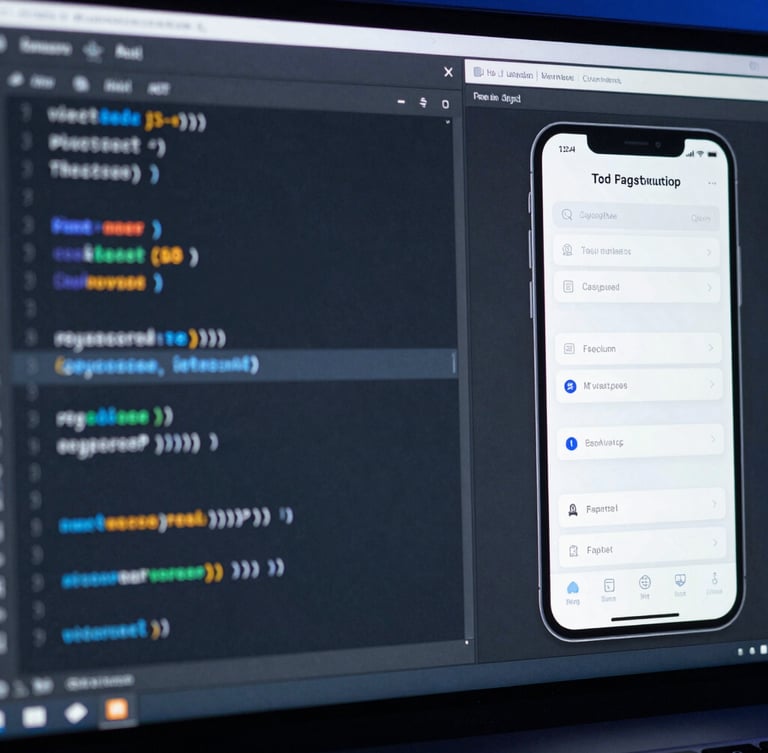 Macro close-up of a dark-mode code editor displaying clean TypeScript next to a high-fidelity mobile app UI wireframe on a dual-monitor setup, cold blue highlights, sharp focus.