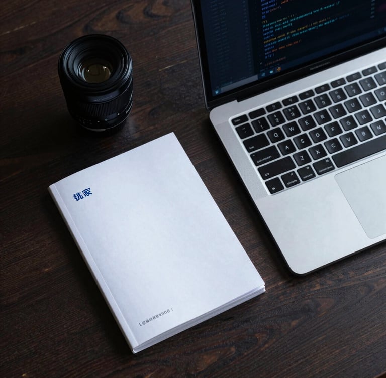 Top-down organized desk layout with a physical brand book next to an open laptop displaying a clean code editor, cold blue highlights, sharp shadows