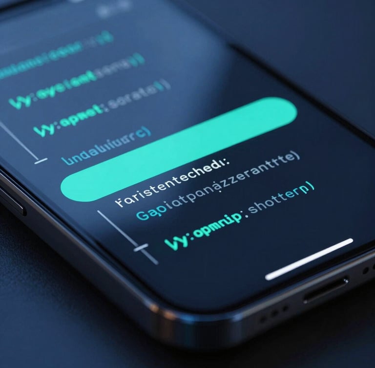 Macro close-up of a high-fidelity dark-mode mobile interface, glowing cyan active states, clean code lines reflected on the glass surface, dramatic cold blue studio lighting.