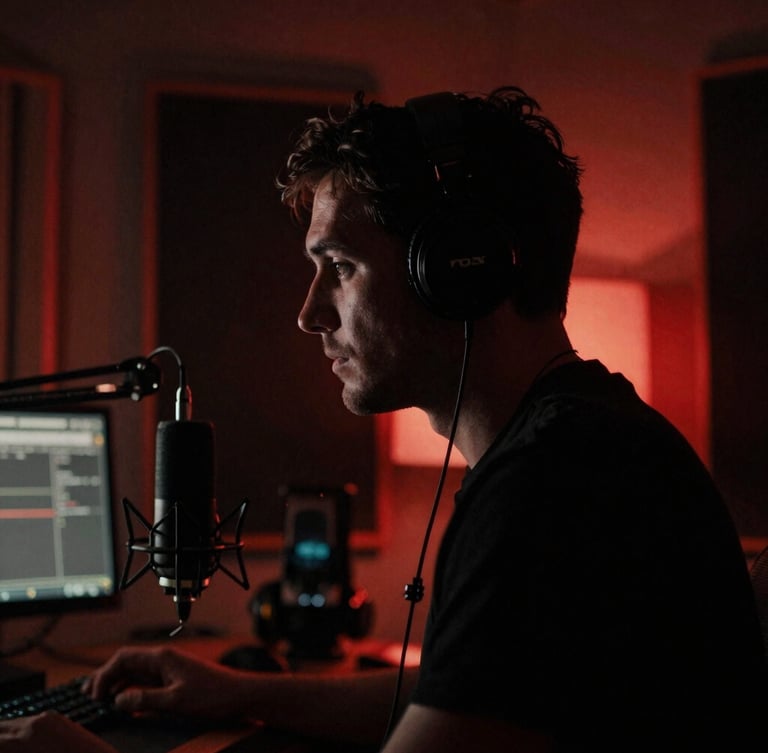 Moody cinematic close-up of a male creator in silhouette inside a professional podcast studio, warm key lights casting a subtle crimson ambient glow, 35mm film look.