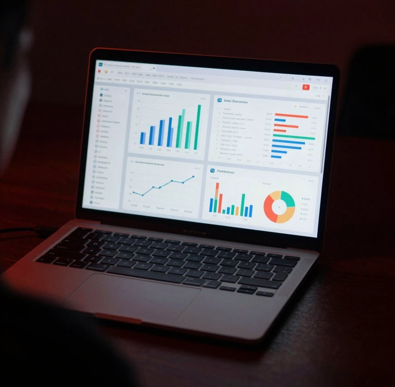 Over-the-shoulder shot of a modern laptop displaying clean analytics dashboards in moody, low-key lighting with a subtle crimson ambient glow, anamorphic lens, 35mm look