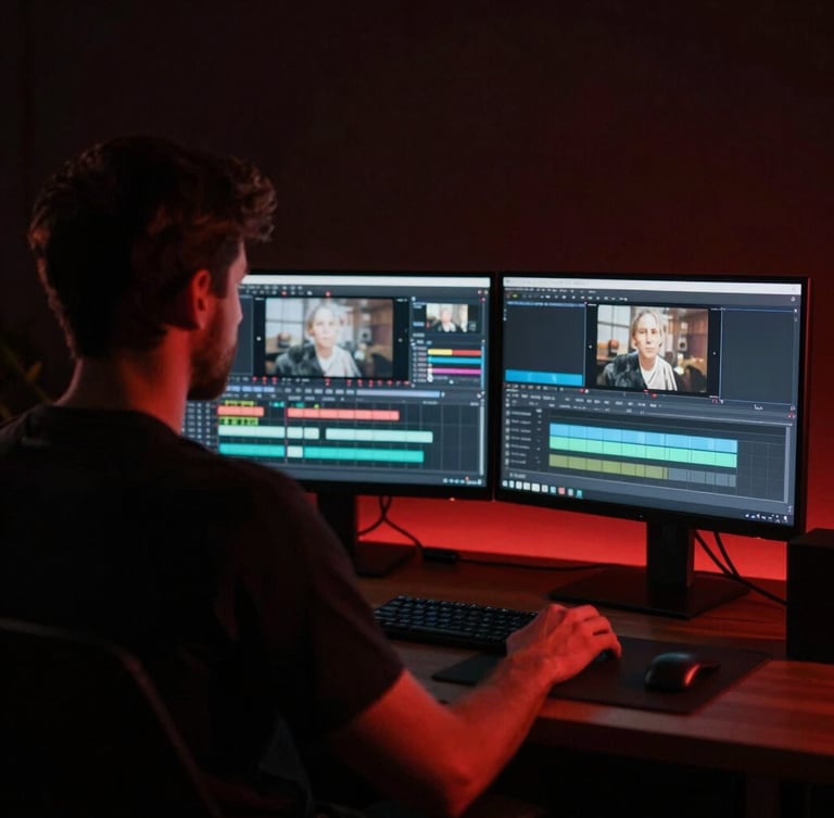 Over-the-shoulder view of a male creator editing a video on a dual-monitor setup in a dark studio, subtle red ambient glow, cinematic lighting, 35mm look