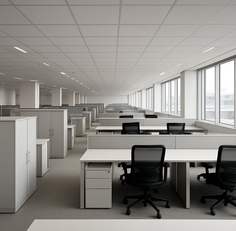 Architectural side view of a vast corporate office floorplan in Bengaluru, rows of modular workstations, clean steel storage systems, bright natural window light, 35mm