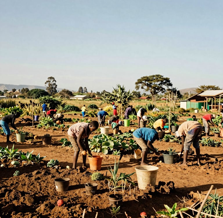 Wide documentary shot of a vibrant community garden in Lesotho, local families working together under bright natural daylight, rich organic earth tones.