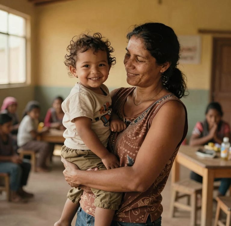 Warm editorial portrait of a mother holding her smiling child in a sunlit community center, natural golden-hour daylight, rich organic earth tones, authentic documentary style, 35mm lens.