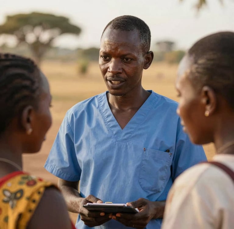 Dignified close-up of a local health educator in Lesotho speaking with a mother, warm natural golden-hour daylight, rich organic earth tones, authentic documentary style.