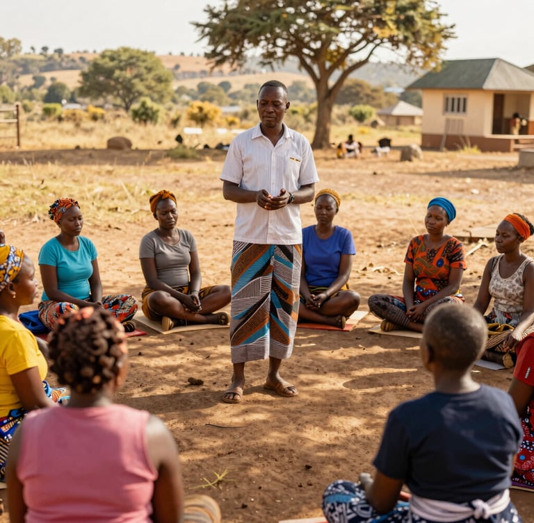 Active community health workshop in Lesotho, a local educator demonstrating wellness practices to an engaged group of women under warm daylight, documentary style.