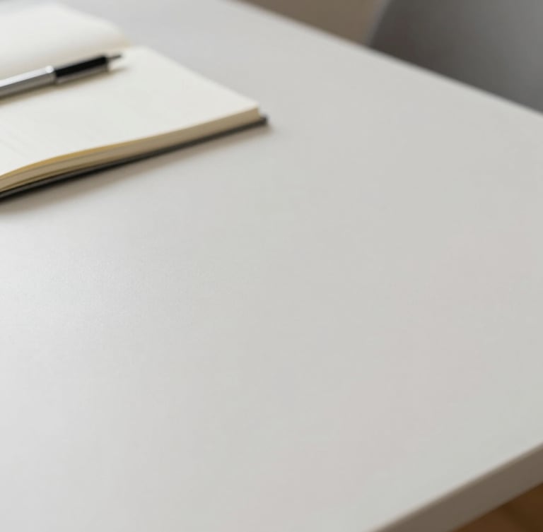 A clean, minimalist desk surface with soft natural daylight, showing a closed notebook and a pen resting on top, generous negative space, calm and organized composition.