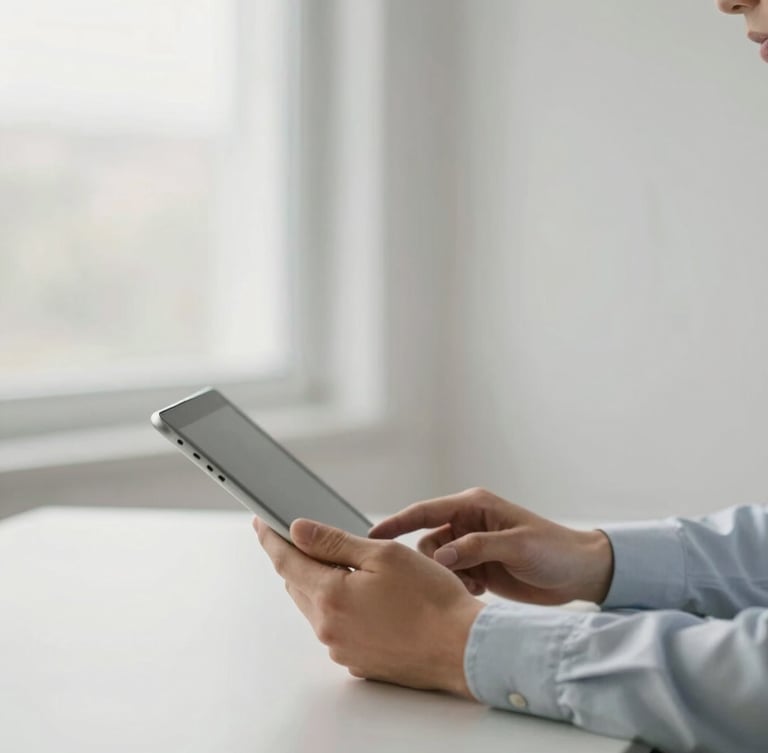 Portrait of a professional's hands holding a tablet in a calm, well-lit office, soft diffused natural daylight, serene visual anchor