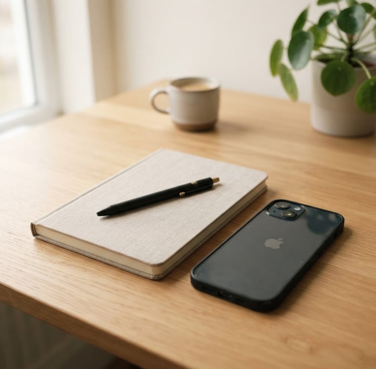 A serene, uncluttered desk space with a closed notebook and a pen resting beside a smartphone, soft diffused natural daylight, minimalist composition, medium-close shot.