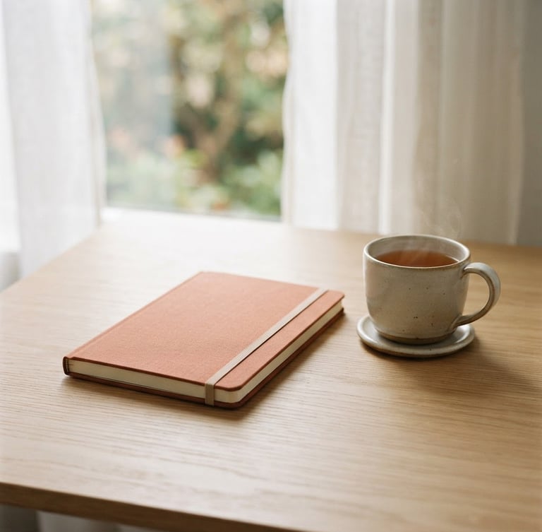 clean uncluttered desk with a closed notebook and a cup of tea, soft diffused natural daylight, serene and grounding, medium-close shot, generous negative space