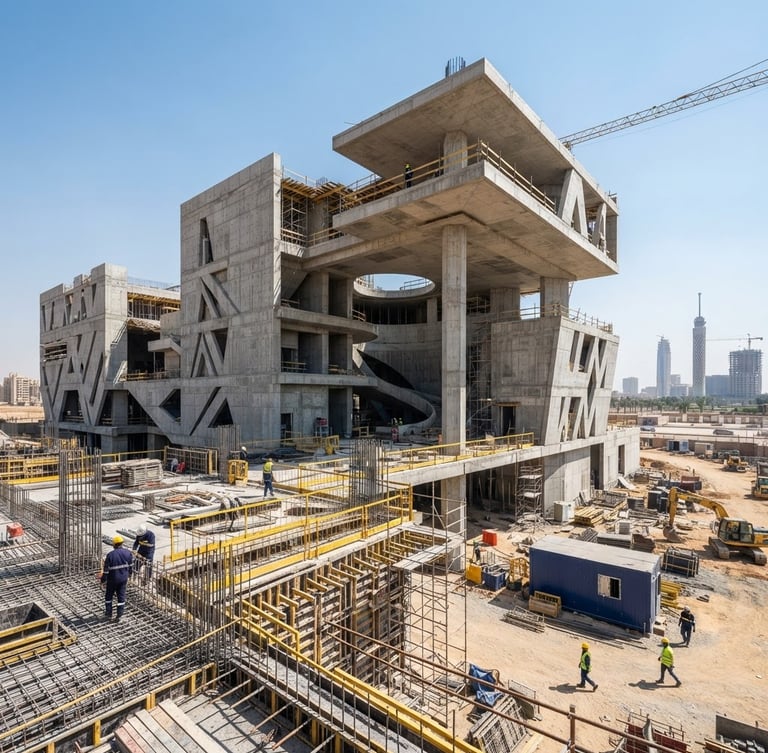 Premium architectural photography of a modern Egyptian construction site with high-quality concrete structures, bright daylight, sharp focus, 35mm