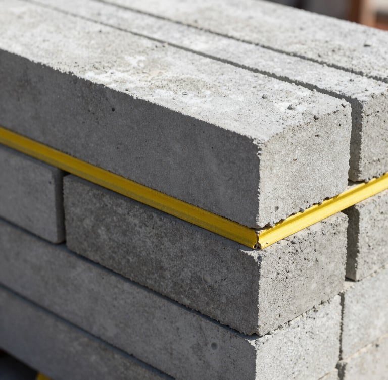 Macro shot of high-quality cement blocks and interlock tiles stacked neatly on an active construction site, bright daylight, concrete textures, sharp focus