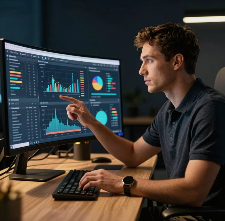 Premium editorial portrait of a digital entrepreneur analyzing data dashboards in a modern, moody workspace, warm gold highlights, sharp focus, 35mm lens