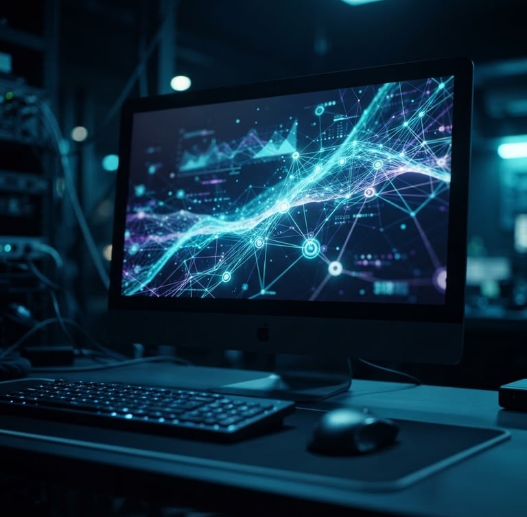 Sleek modern workspace at night, with a glowing screen displaying abstract network data, cool blue and cyan ambient studio lighting, sharp macro focus, 35mm, emphasizing secure transactions and high-tech environment.
