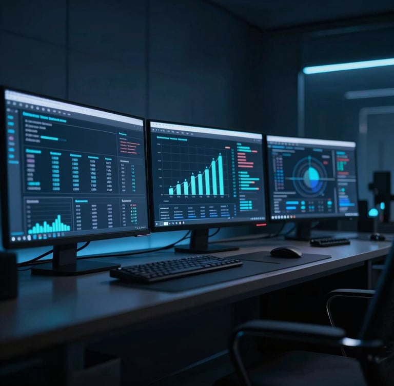 Sleek modern workspace with glowing screens showing domain valuation metrics, cool blue and cyan ambient studio lighting, dark navy tones, sharp macro focus, 35mm, wide panoramic perspective