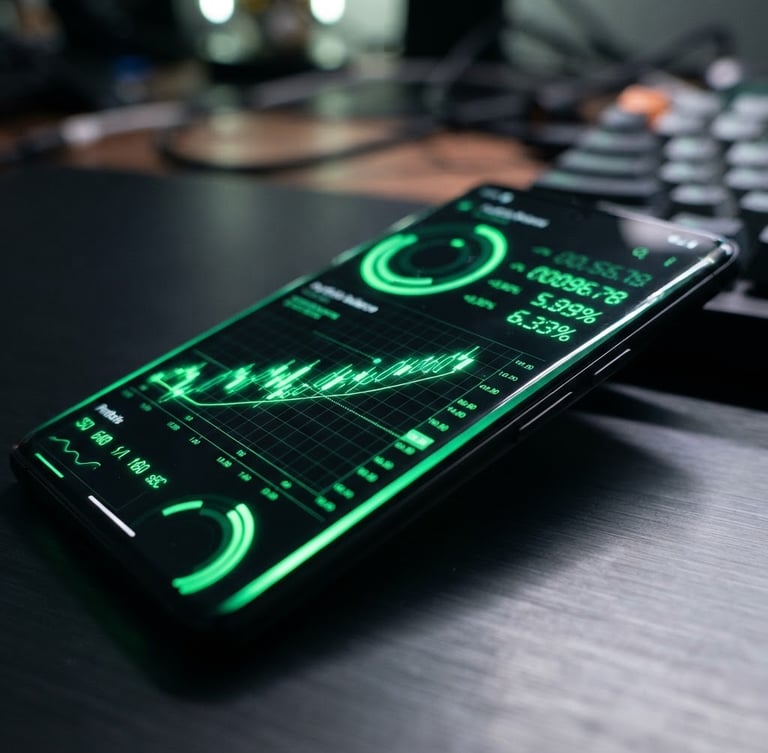 Sleek tech photography of a modern Android phone displaying a dark-mode fintech interface with vibrant neon green screen-glow, sharp macro focus, angled perspective, 35mm