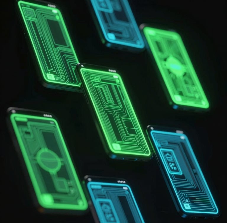 Angled perspective shot of high-fidelity Android UI screens floating in a dark studio, glowing neon green and electric blue wireframes, low-key ambient lighting, 35mm
