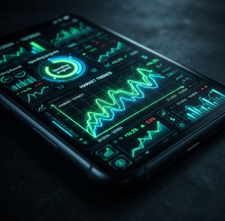 Sleek tech photography, extreme close-up of a modern Android device screen displaying a vibrant green high-fidelity fintech dashboard, low-key ambient studio lighting, electric blue screen glow, 35mm