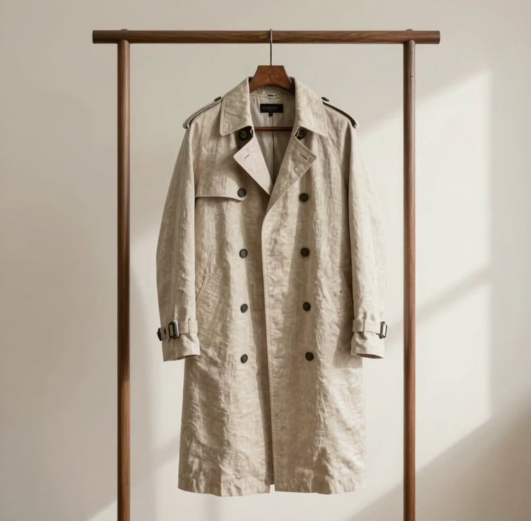 A minimalist studio shot of a structured linen trench coat hanging on a walnut rack, soft indirect daylight from the right, neutral cream background.