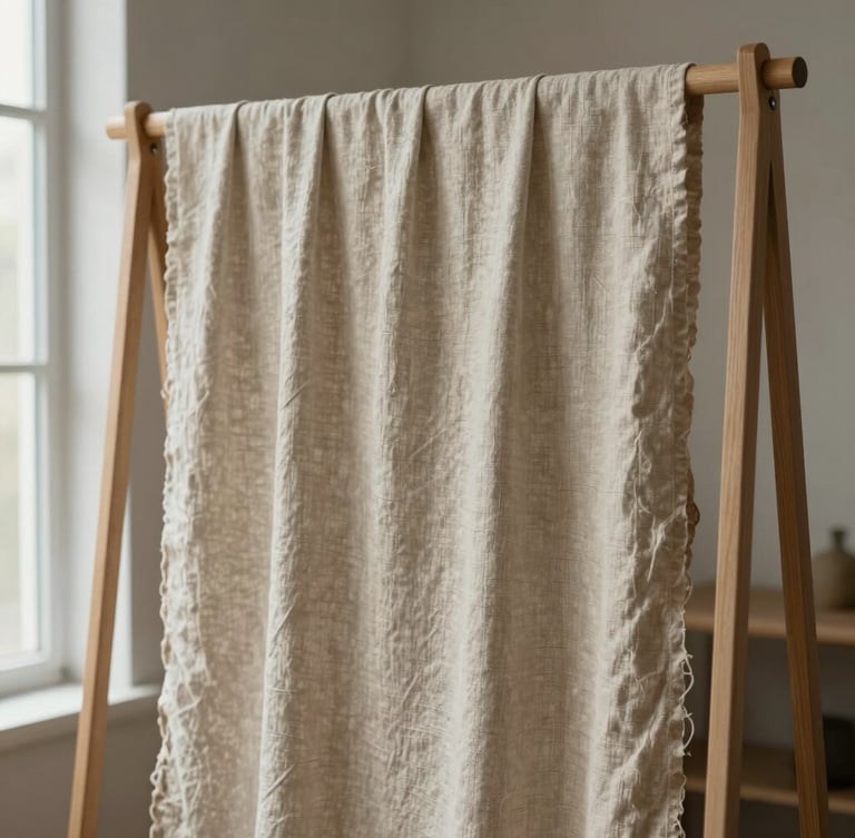 A vertical portrait of heavy linen hanging on a minimalist walnut rack, soft diffused northern daylight from a Provo studio window, tactile fabric grain visible.