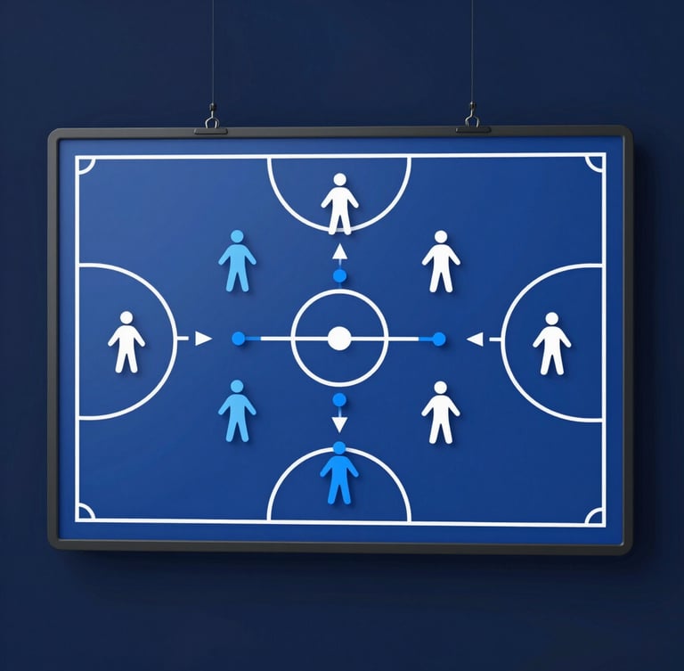 Clean vector diagram of a handball tactics board with blue and white player markers, tactical arrows, and court lines, modern flat design.