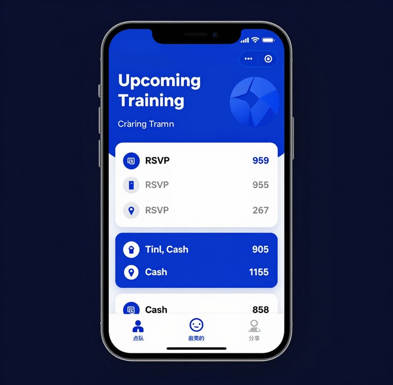 High-fidelity mobile app mockup showing a handball team dashboard with upcoming training, RSVP status, and team cash balance, deep navy background.