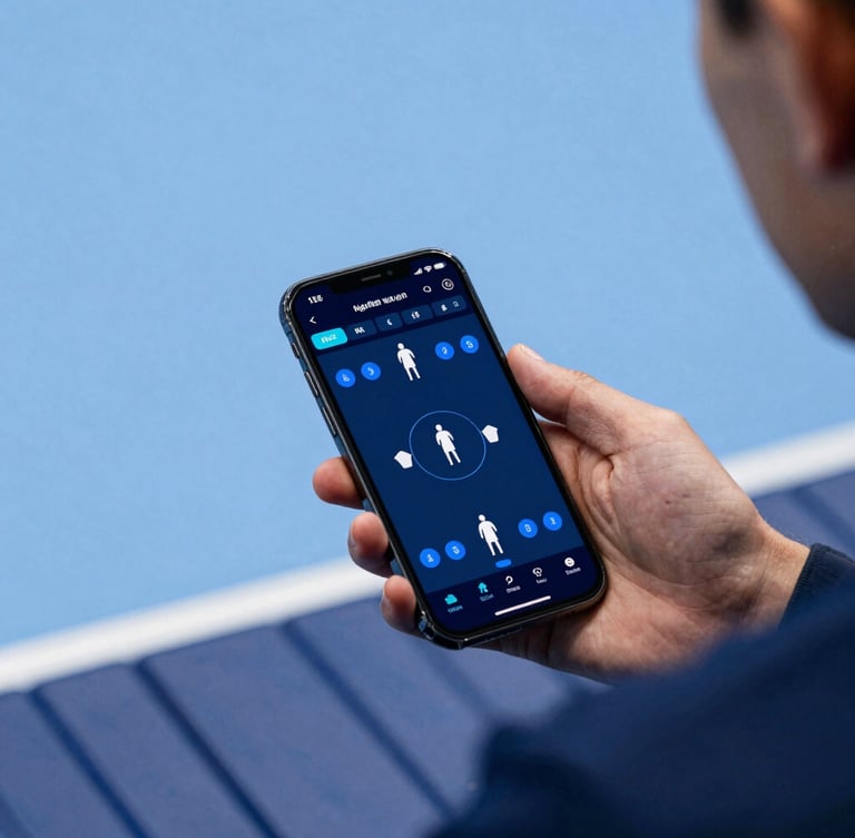 Close-up of a coach's hand holding a smartphone on a sports bench, displaying a digital handball tactics board with player positions in blue and white, high-fidelity UI, sharp focus