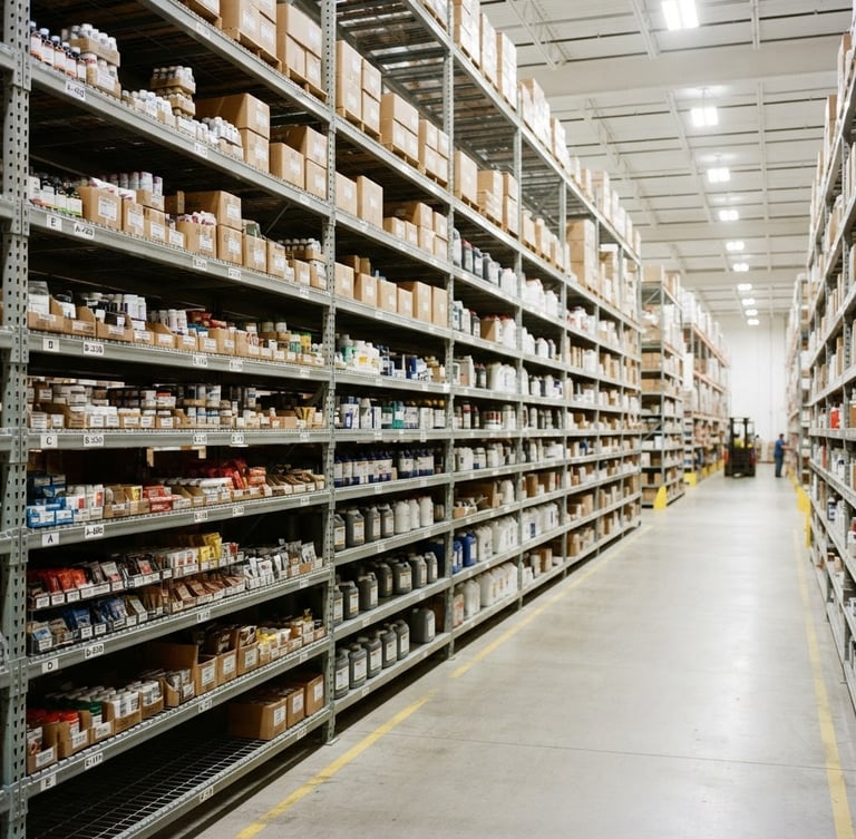 Bright industrial photography of organized warehouse shelves stacked with bulk small commodities under high-key warehouse lighting, sharp focus, 35mm