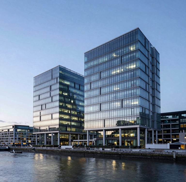Wide-angle architectural photography of a modern glass-and-steel headquarters in London at twilight, cool blue tones, sharp geometric lines, reflection on water, copy space on the left.