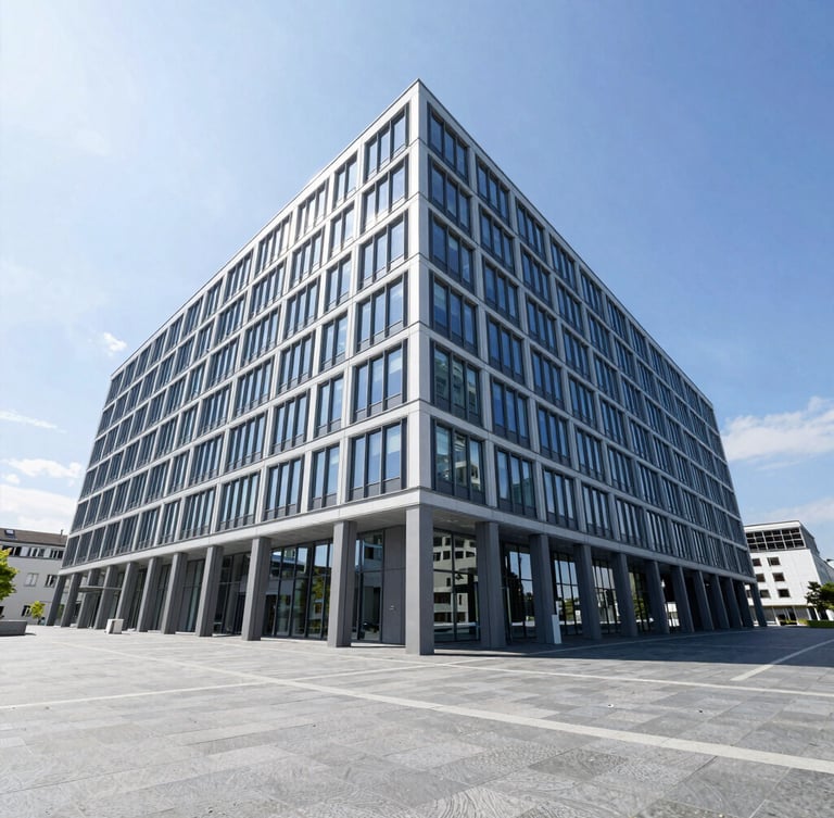Wide-angle architectural shot of a modern corporate headquarters in Zurich, crisp daylight, cool blue steel and glass facade, deep negative space.