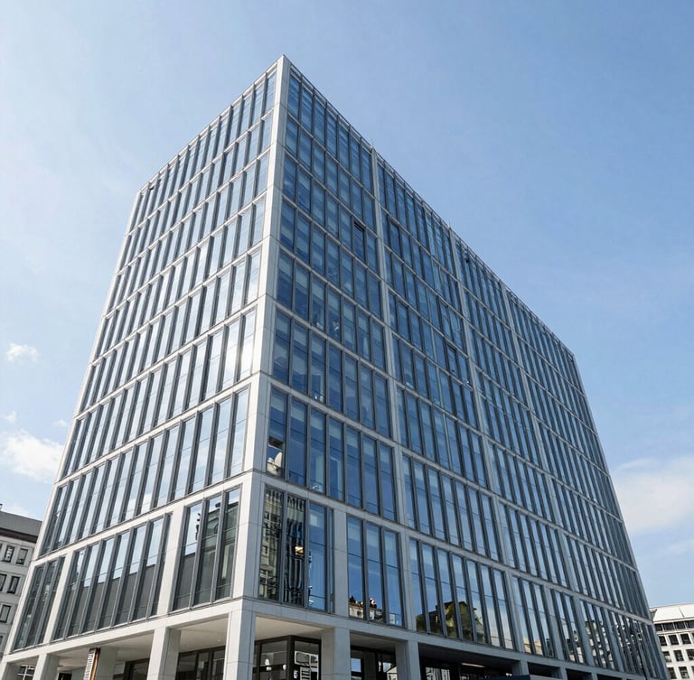 Wide-angle architectural photography of a modern glass corporate headquarters in Zurich, sharp geometric lines, bright cool daylight, blue sky reflections, clean corporate aesthetic.