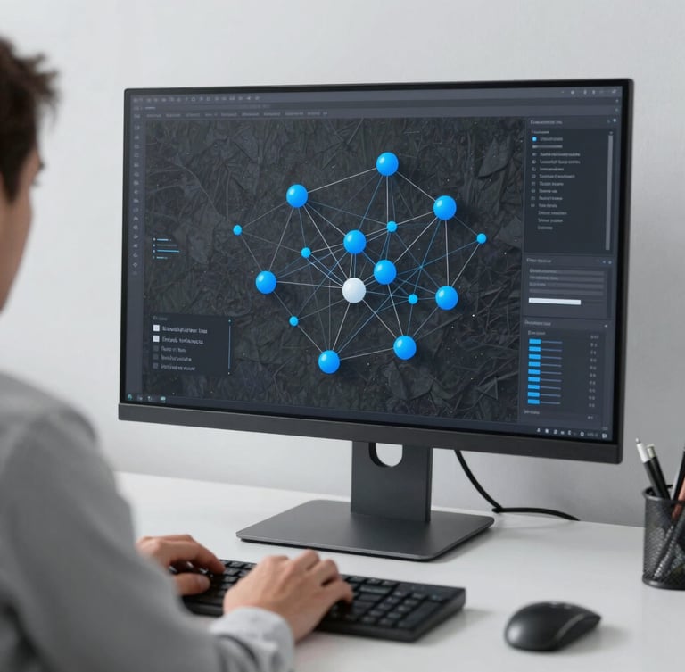 A professional researcher in a modern naturally lit workspace analyzing complex node graphs on a large monitor, minimalist technical photography