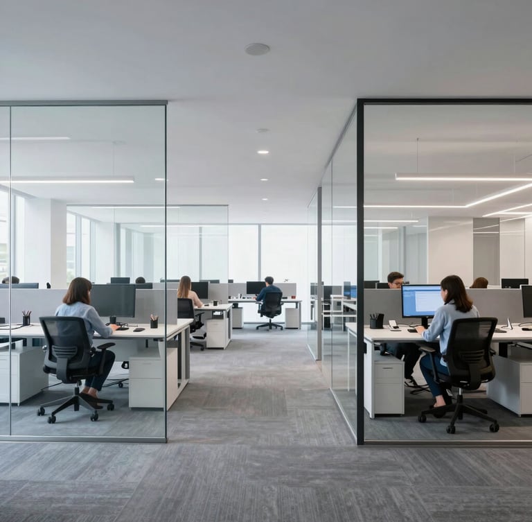 Wide architectural shot of a bright modern tech workspace with glass partitions, clean lines, and researchers working at minimalist desks, natural daylight.