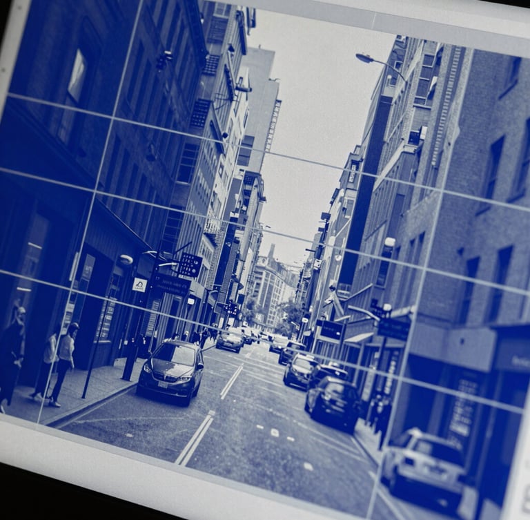 Macro close-up of a high-resolution screen showing dense semantic segmentation bounding boxes over a city street scene, electric blue and slate gray interface, sharp focus.