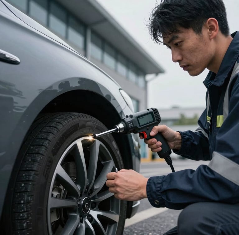 Close-up of a professional technician in high-visibility gear using a digital torque wrench to secure a wheel on a premium car parked outside an office building, dramatic overcast lighting, 35mm lens.