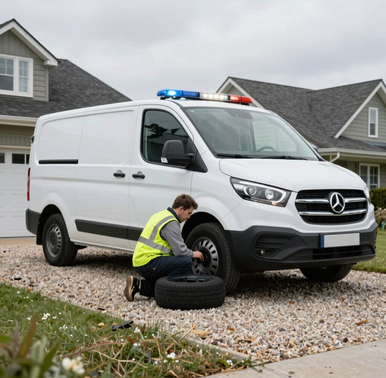 Clean modern service van parked in a gravel driveway of a suburban home, a professional technician in high-visibility uniform fitting a tyre, bright overcast daylight, sharp automotive photography, 35mm lens.