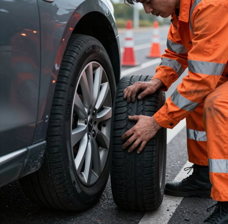Close-up of a professional technician in high-visibility orange gear securing a new tyre onto a car wheel at the roadside, safety cones in the background, daylight.