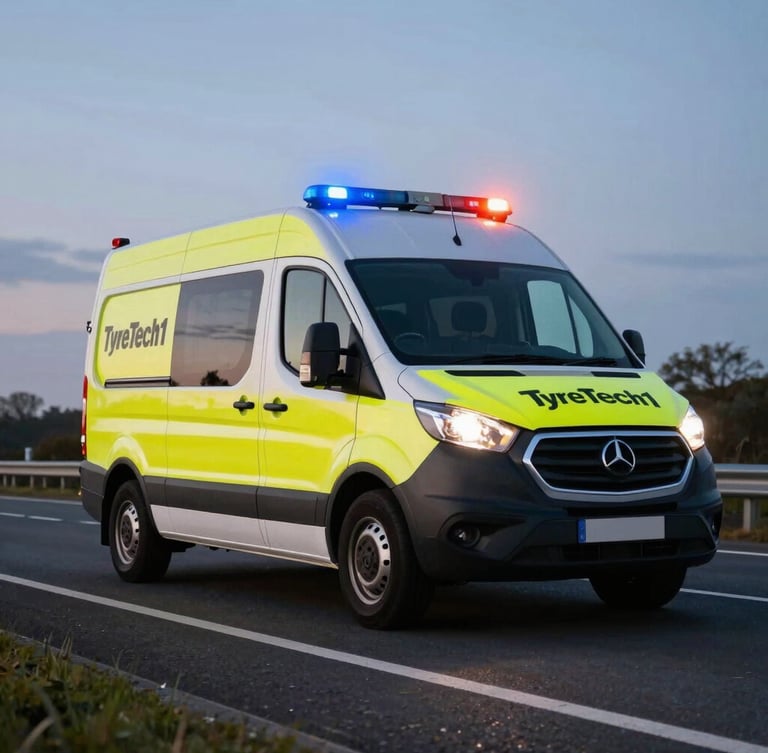 Low-angle shot of a TyreTech1 mobile workshop van with yellow safety stripes, emergency strobe lights active, parked on a UK motorway shoulder at dusk, sharp automotive photography.