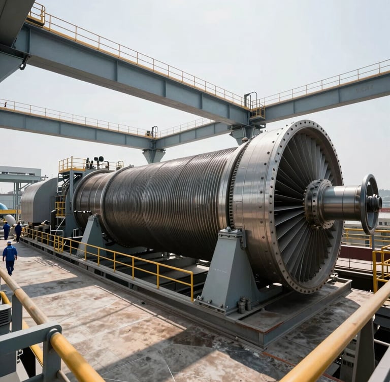 Wide-angle environmental shot of a massive industrial turbine deck, steel structures, overhead gantries, clean high-contrast overcast light casting sharp geometric shadows. Proper PPE visible on distant personnel. No faces.