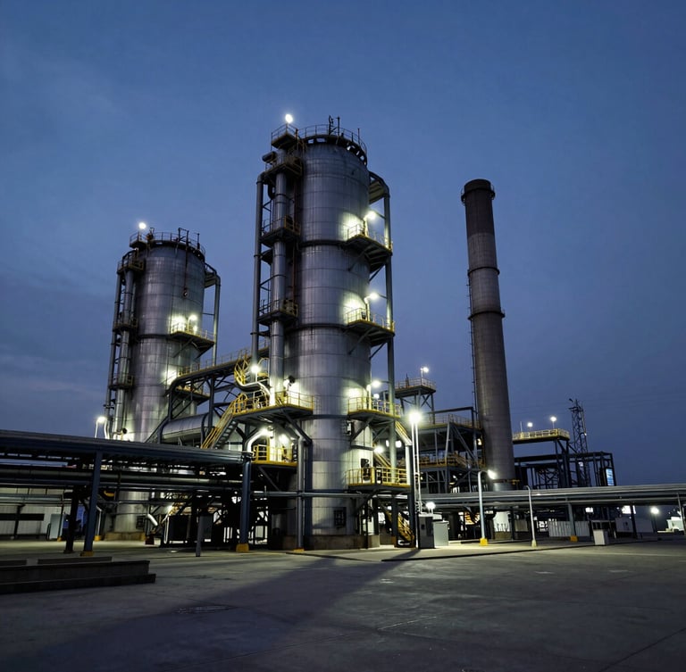 Wide-angle dramatic shot of an industrial power plant at dusk, massive steel structures and exhaust stacks silhouetted against a deep blue overcast sky, sharp functional safety lighting casting long shadows on the concrete deck, high contrast, industrial realism.