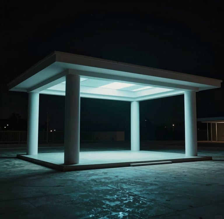 Cinematic Unreal Engine viewport capture of a futuristic architectural pavilion, sharp directional cyan studio light, high-contrast dark shadows, wide-angle 16:9 frame