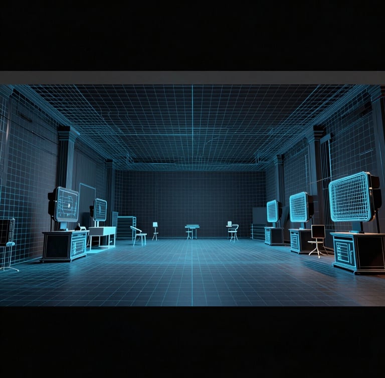 Wide panoramic Unreal Engine viewport capture, wireframe mesh overlay transitioning into a photorealistic cinematic environment, dark studio lighting, electric blue highlights.