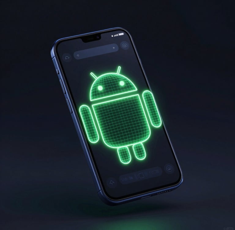 Sleek dark-mode digital rendering of an Android device mockup floating at an isometric angle, glowing neon green UI wireframe on screen, low-key dark background